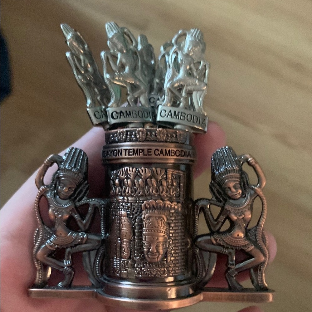 Rare Beautiful Cambodian Temple Silver and Bronze Mini Fork Holder Set W/6 Forks